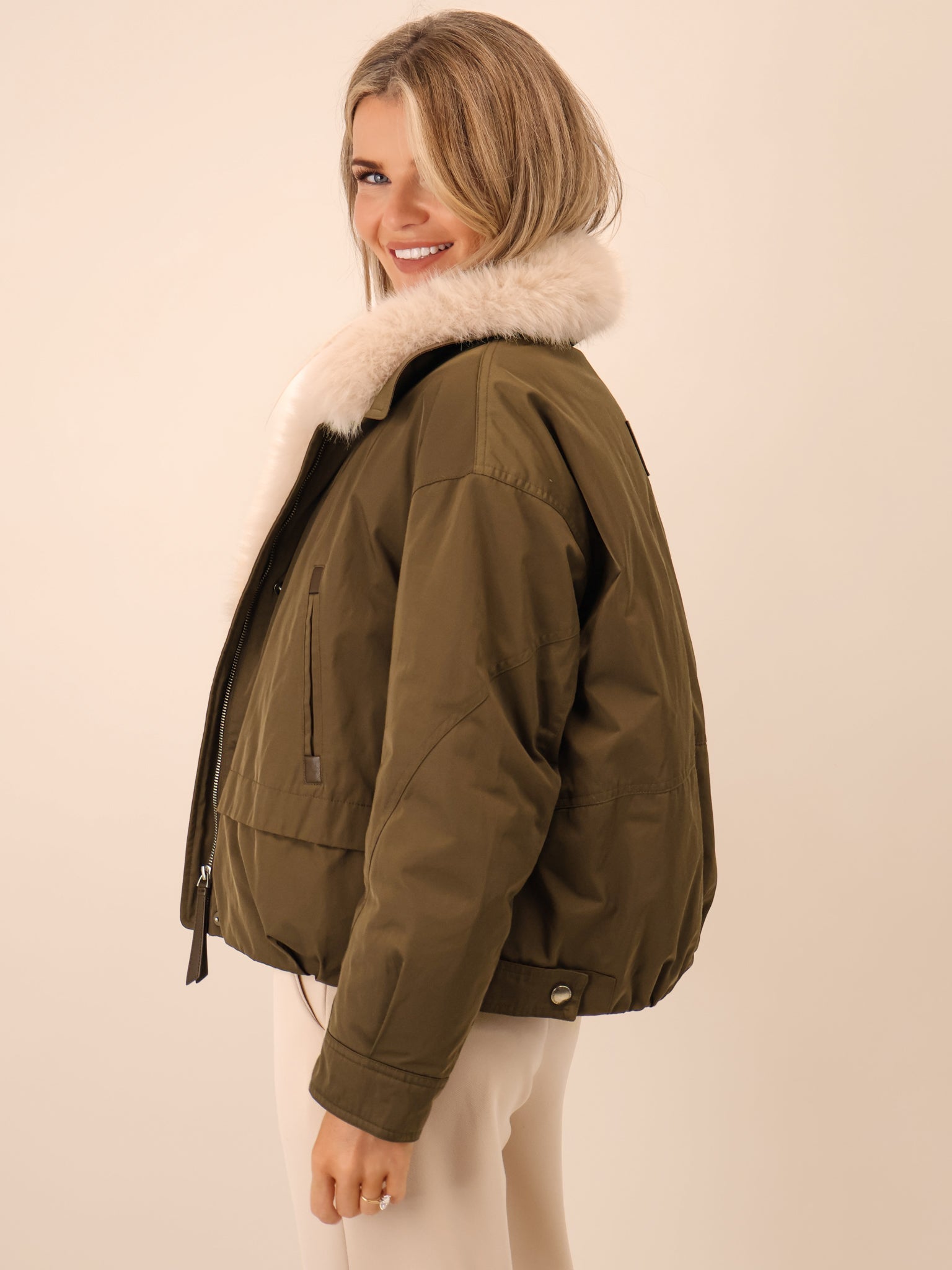 Kate & Pippa Aspen Detachable Fur Collar Jacket In Khaki-Kate & Pippa