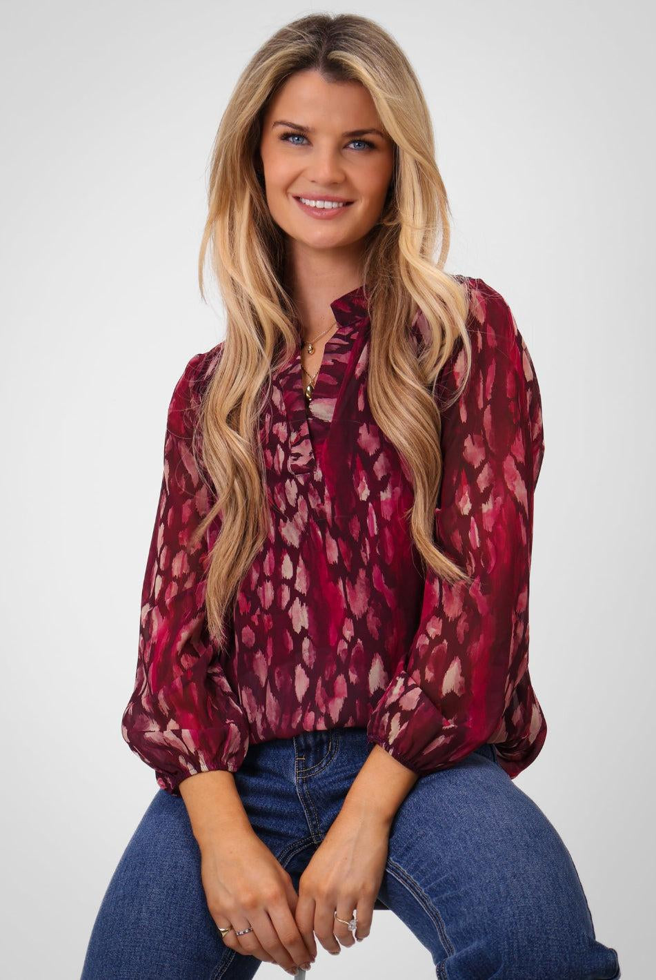 Kate & Pippa Bella Band Top In Magenta Abstract Print-Kate & Pippa Autumn/Winter Ladies Clothing