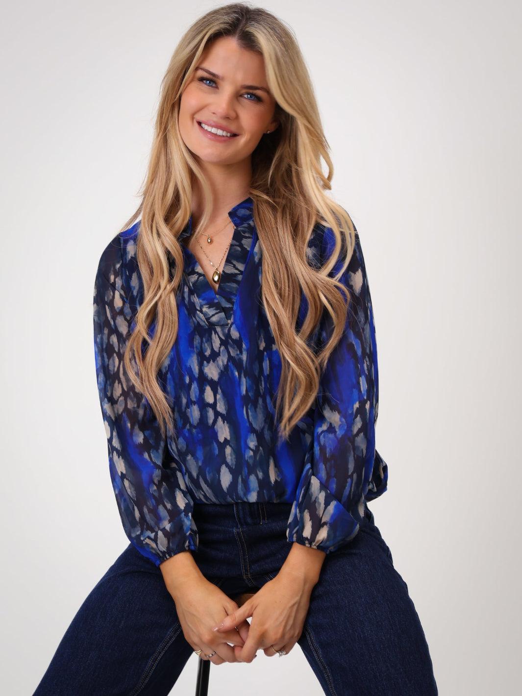 Kate & Pippa Bella Band Top In Royal Blue Abstract Print-Kate & Pippa Autumn/Winter Ladies Clothing