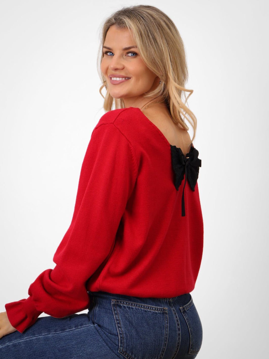 Kate & Pippa Bliss Bow Knit Jumper In Red-Kate & Pippa Autumn/Winter Ladies Clothing