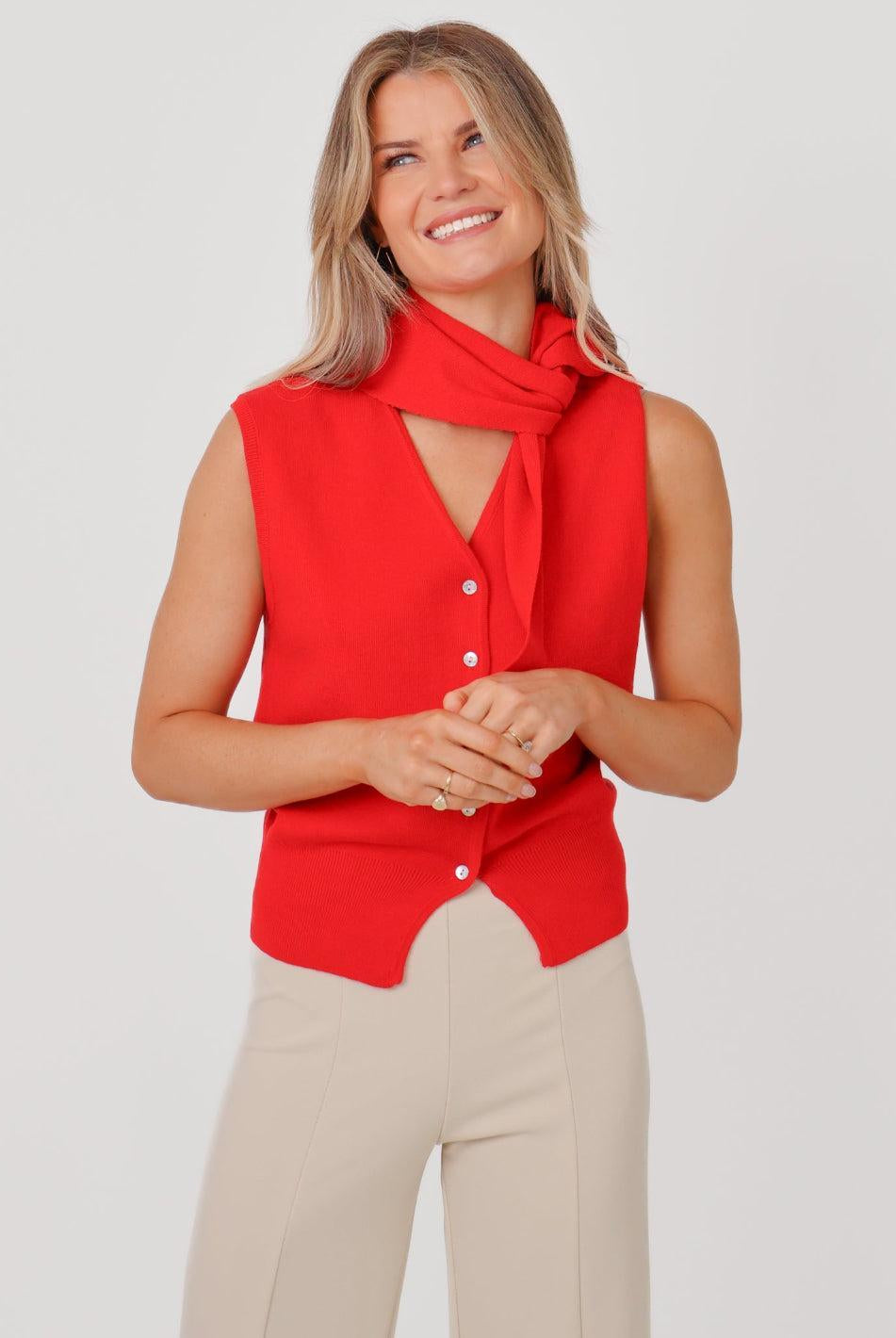 Kate & Pippa Robyn Knit Waistcoat With Neck Scarf In Red-Kate & Pippa