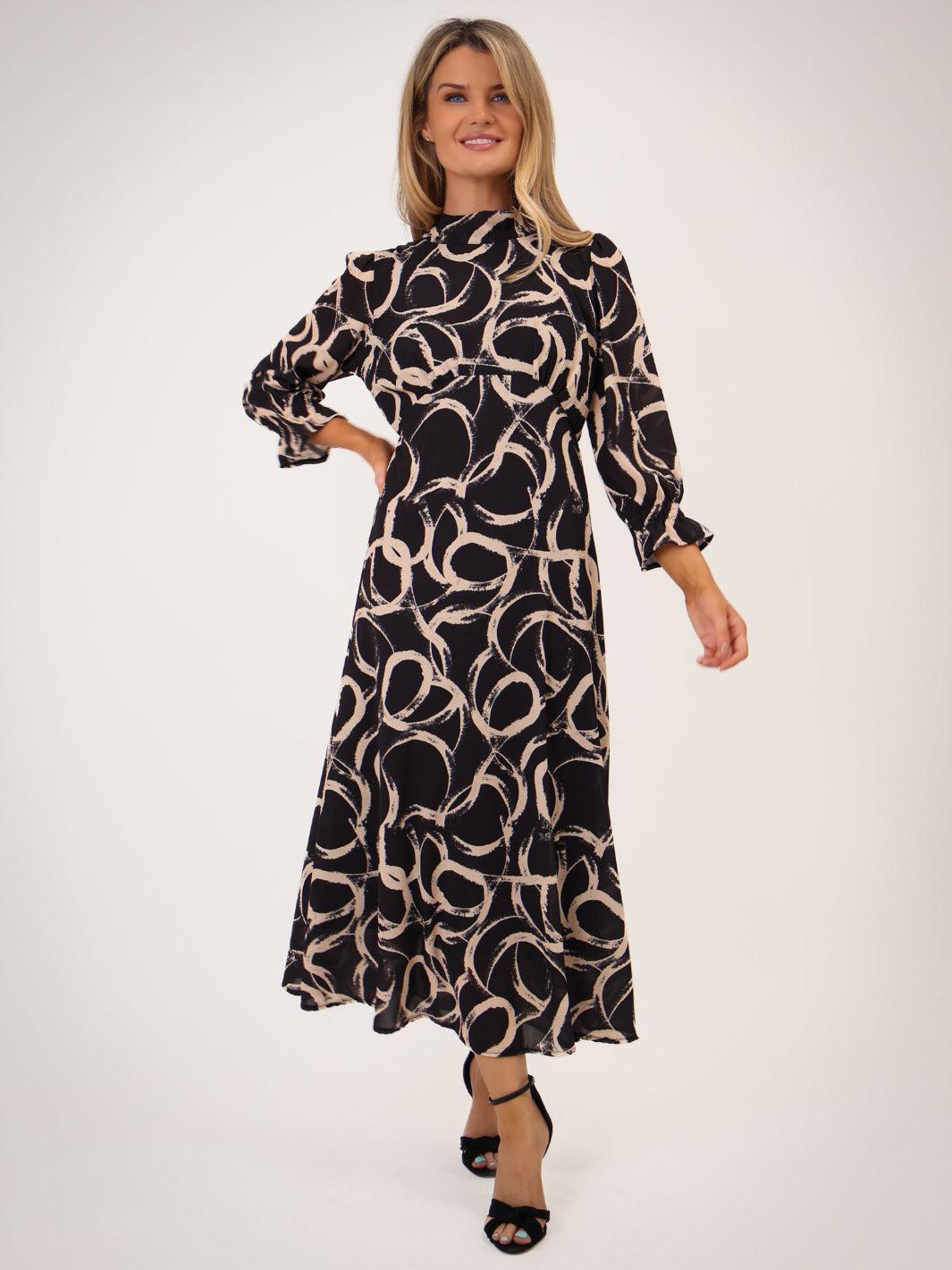 Kate & Pippa Simona Midi Dress In Black / Beige-Kate & Pippa Autumn/Winter Ladies Clothing