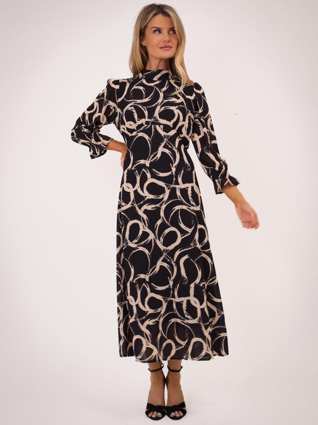 Kate & Pippa Simona Midi Dress In Black / Beige-Kate & Pippa Autumn/Winter Ladies Clothing
