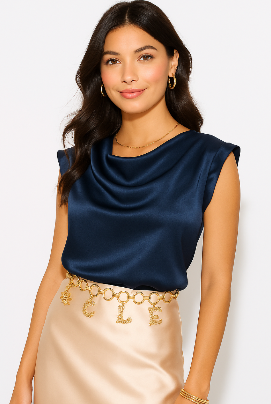 Kate & Pippa Suzy Satin Cowl Neck Top In Navy-Kate & Pippa Autumn/Winter Ladies Clothing