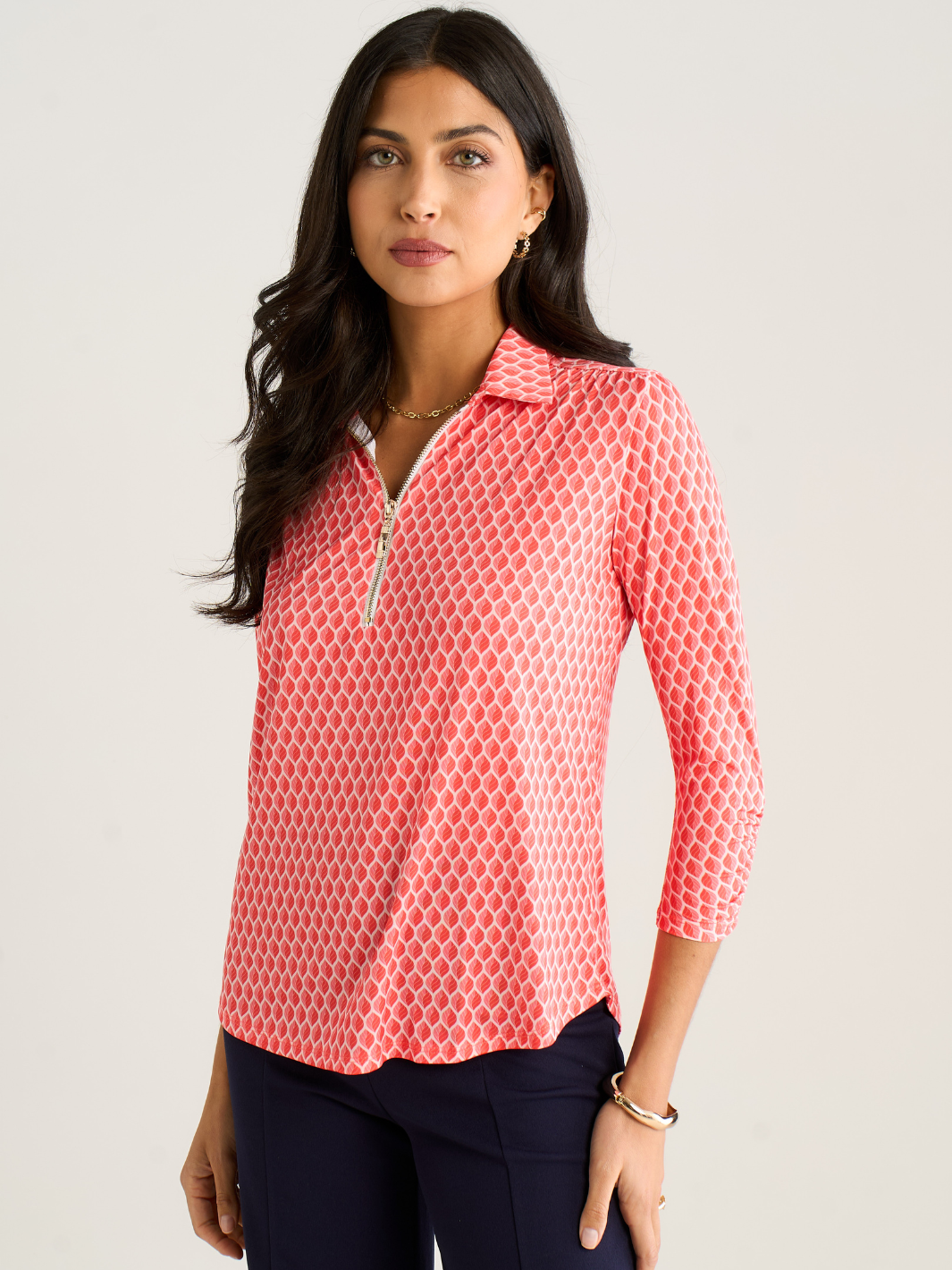 Kate & Pippa Zip Top In Coral Geo Print-Kate & Pippa