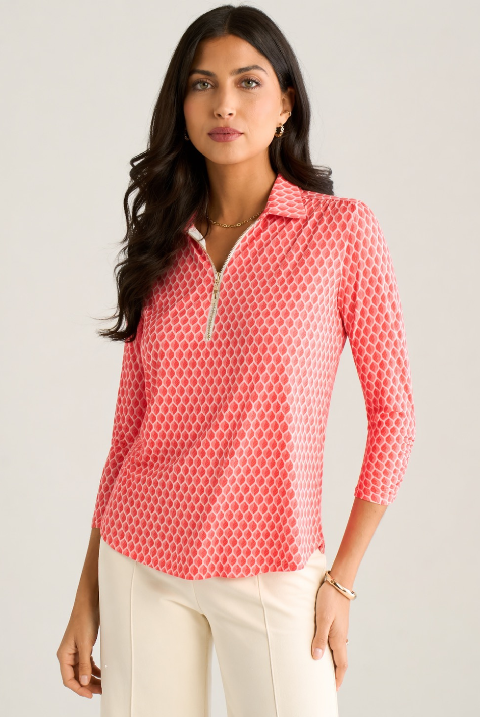Kate & Pippa Zip Top In Coral Geo Print-Kate & Pippa