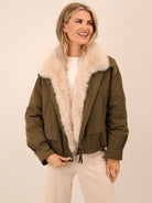 Kate & Pippa Aspen Detachable Fur Collar Jacket In Khaki-Kate & Pippa