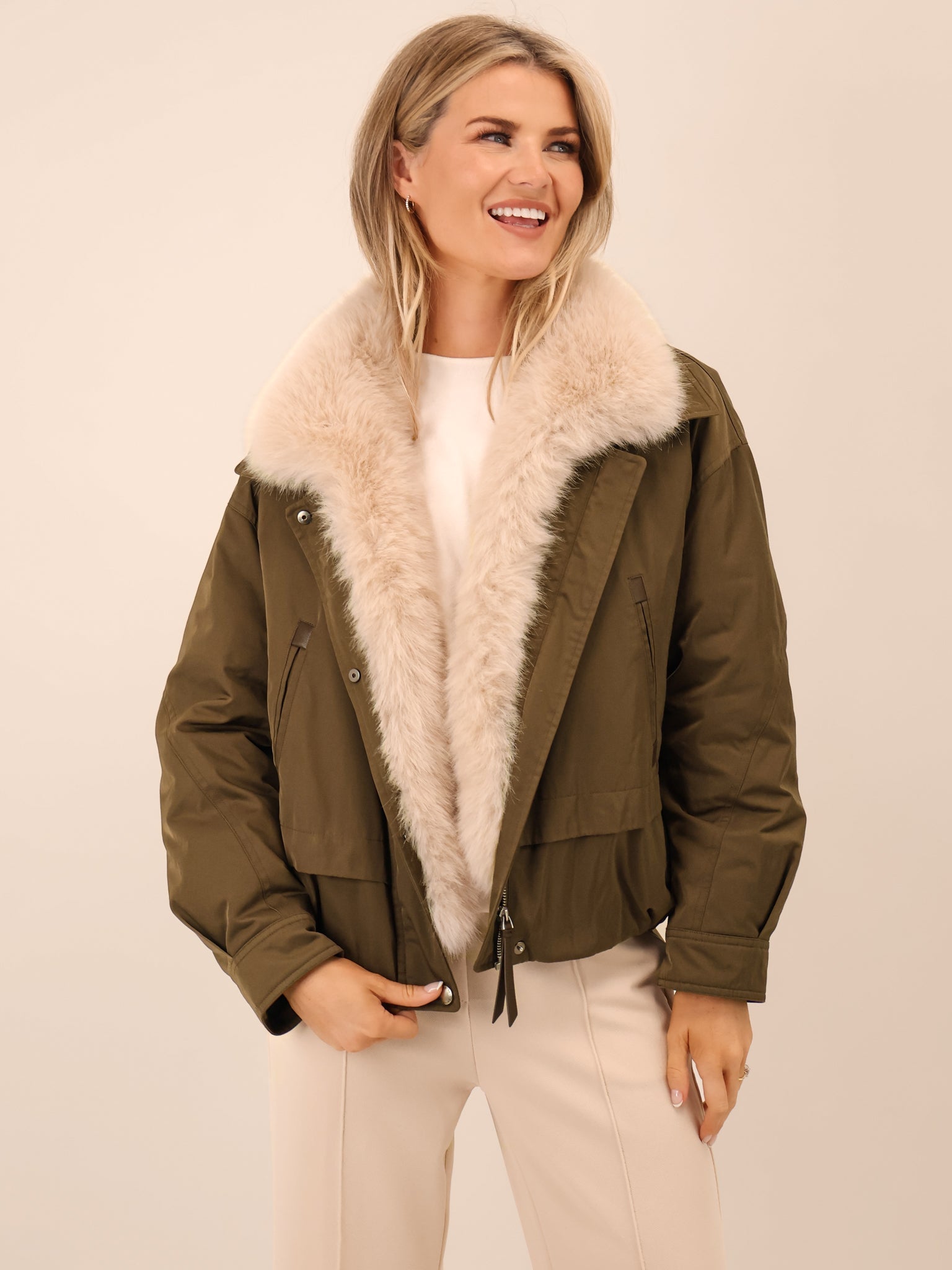 Kate & Pippa Aspen Detachable Fur Collar Jacket In Khaki-Kate & Pippa