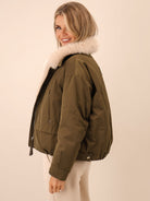 Kate & Pippa Aspen Detachable Fur Collar Jacket In Khaki-Kate & Pippa