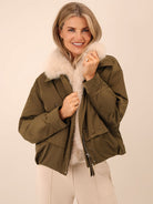 Kate & Pippa Aspen Detachable Fur Collar Jacket In Khaki-Kate & Pippa