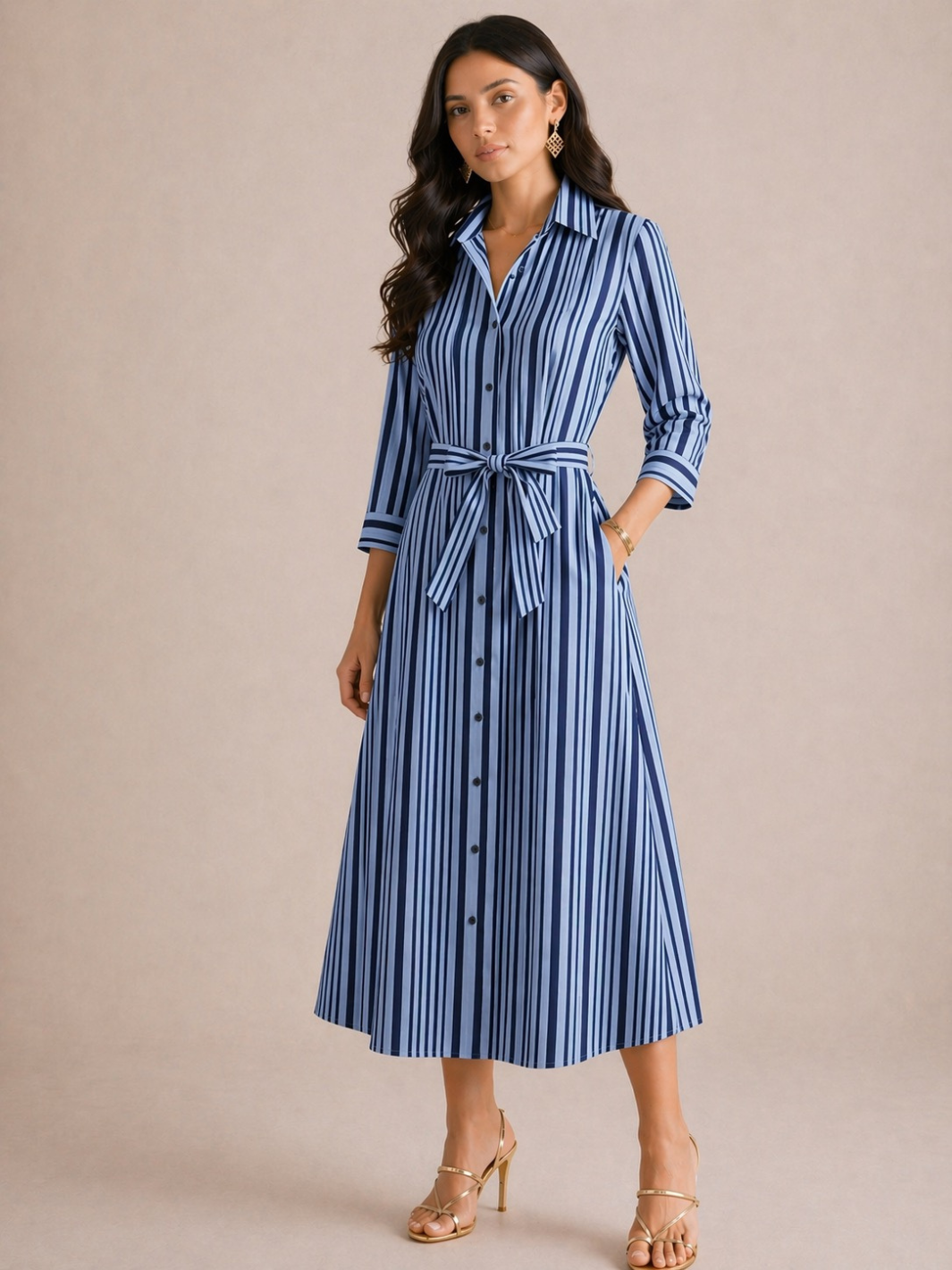 Kate & Pippa Elena Midi Shirt Dress In Blue/Navy Stripe-Kate & Pippa