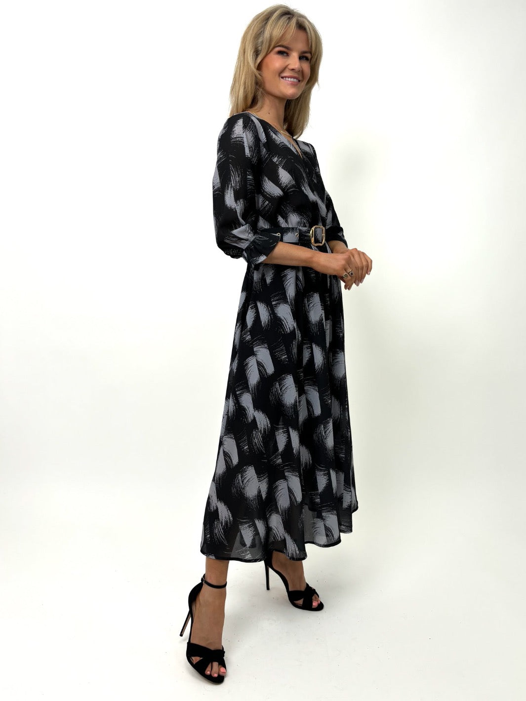 Kate & Pippa Positano Midi Dress In Black / Grey Print-Kate & Pippa