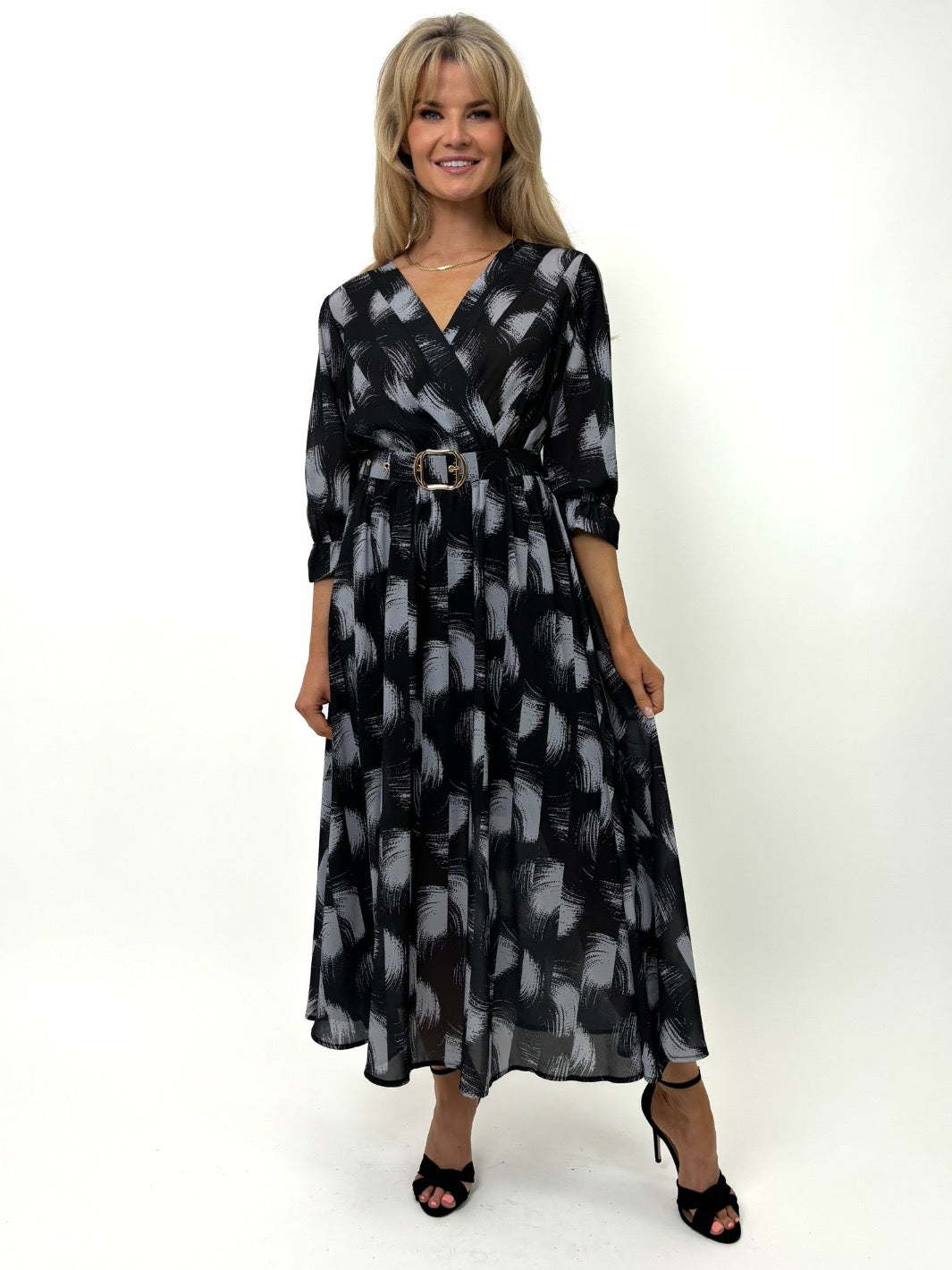 Kate & Pippa Positano Midi Dress In Black / Grey Print-Kate & Pippa