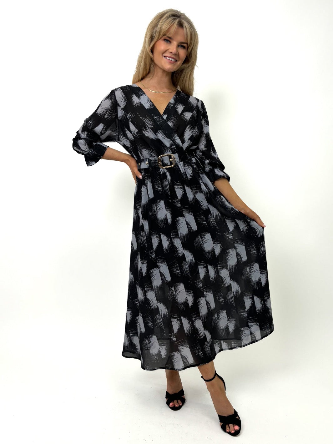 Kate & Pippa Positano Midi Dress In Black / Grey Print-Kate & Pippa