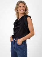 Kate & Pippa Suzy Satin Cowl Neck Top In Black-Kate & Pippa Autumn/Winter Ladies Clothing