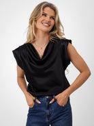 Kate & Pippa Suzy Satin Cowl Neck Top In Black-Kate & Pippa Autumn/Winter Ladies Clothing