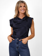 Kate & Pippa Suzy Satin Cowl Neck Top In Navy-Kate & Pippa Autumn/Winter Ladies Clothing