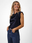 Kate & Pippa Suzy Satin Cowl Neck Top In Navy-Kate & Pippa Autumn/Winter Ladies Clothing