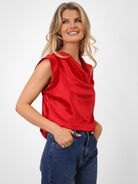 Kate & Pippa Suzy Satin Cowl Neck Top In Red-Kate & Pippa Autumn/Winter Ladies Clothing