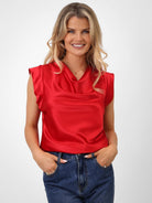 Kate & Pippa Suzy Satin Cowl Neck Top In Red-Kate & Pippa Autumn/Winter Ladies Clothing
