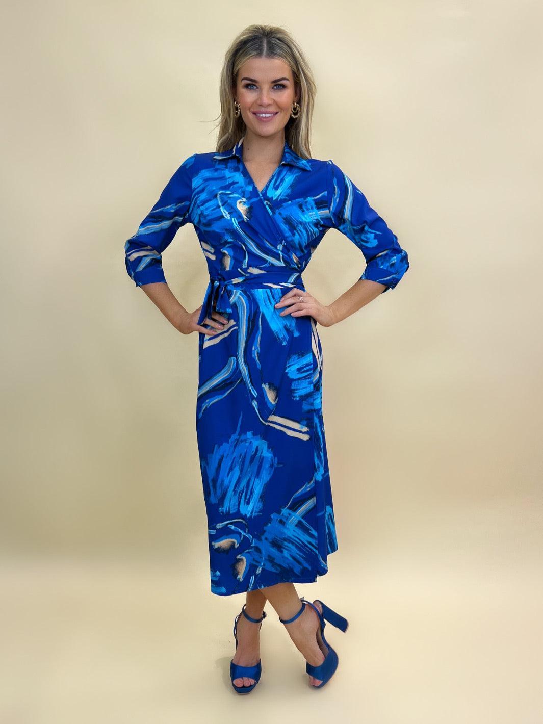 Kate & Pippa Amalfi Wrap Dress In Blue/Beige Print-Kate & Pippa