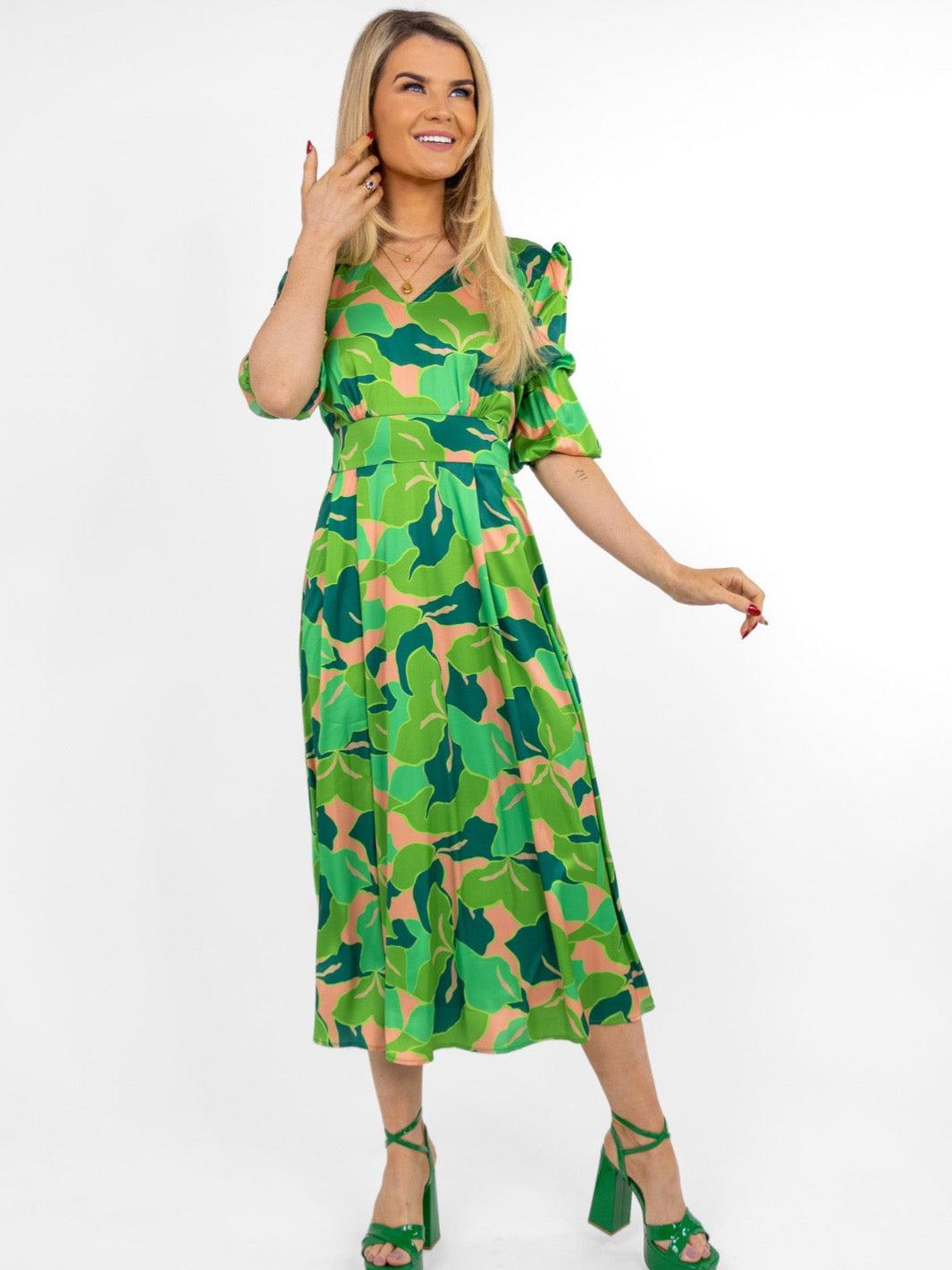 Kate & Pippa Audrey Midi Dress In Green Print-Nicola Ross