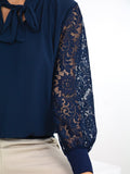 Kate & Pippa Bella Bow Band Top With Lace Sleeves In Navy-Kate & Pippa