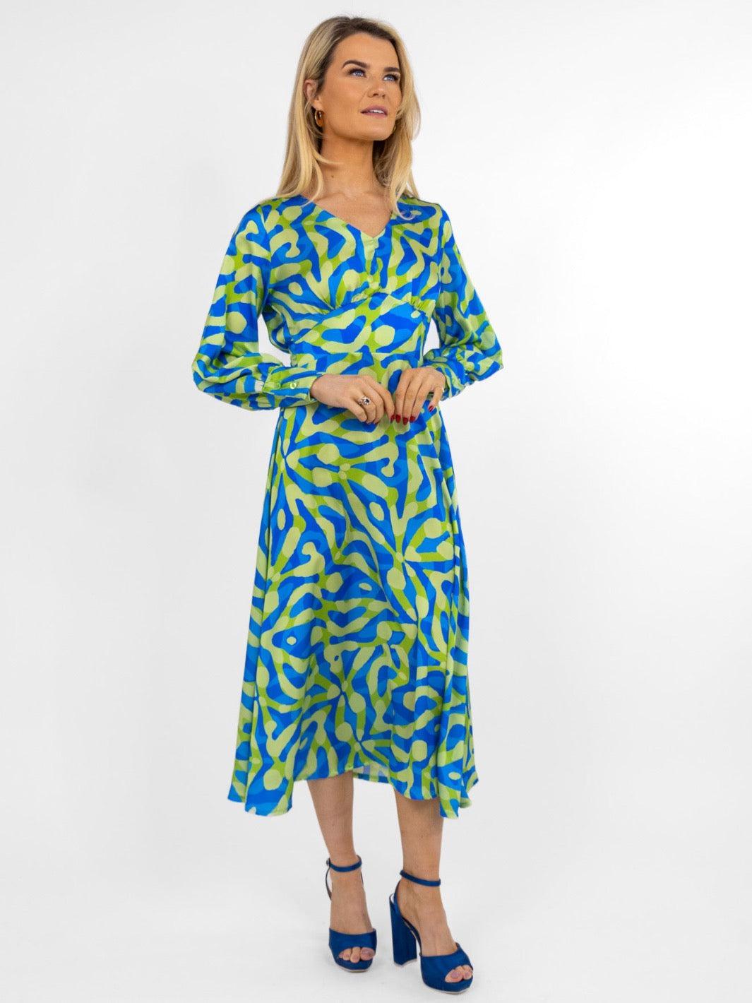 Kate & Pippa Birkin Midi Dress In Blue / Lime Print-Kate & Pippa