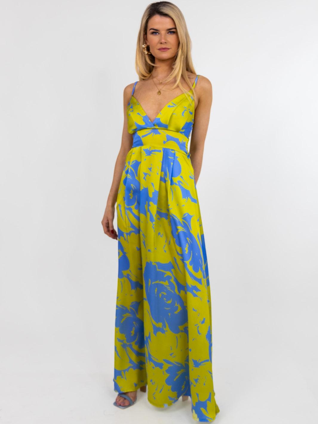 Kate & Pippa Lola Maxi Dress In Sky Blue / Yellow Floral Print-Nicola Ross